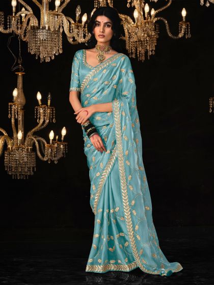 Sky Blue Zari Work Embellished Party Wear Tissue Silk Saree
