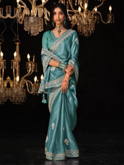 Teal Blue Thread Enhanced Wedding Saree In Tissue Silk