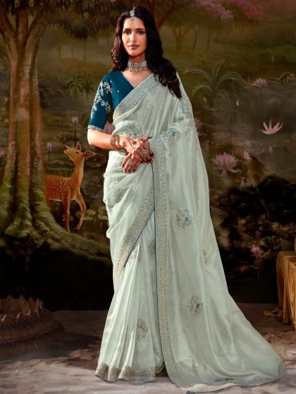 Silver Sequin Embellished Saree In Organza