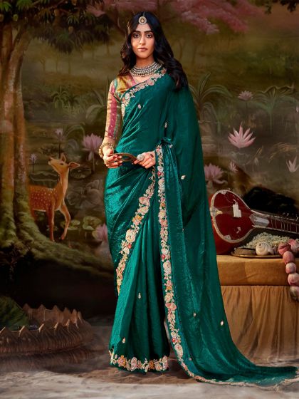 Royal Green Floral Bordered Chiffon Saree