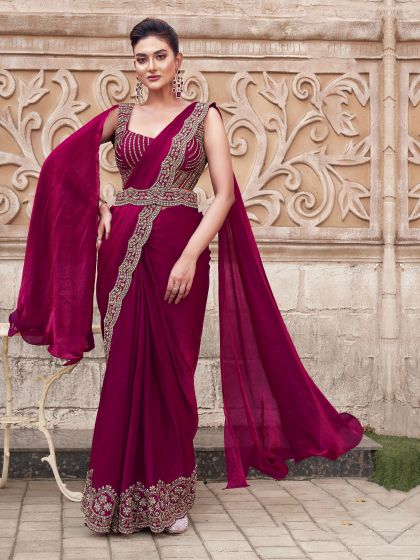 Maroon Heavy Embroidered Saree With Designer Blouse