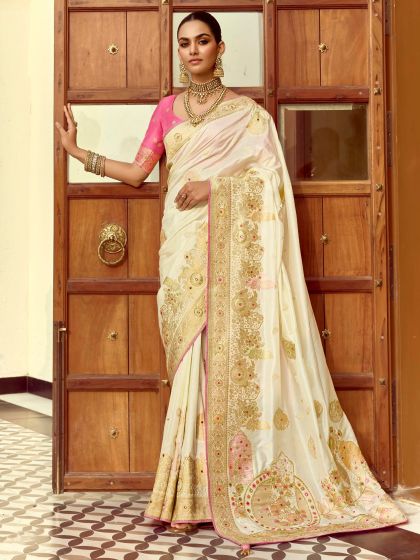 Off White Mirror Embellished Traditional Saree