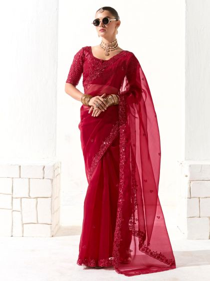 Turkey Red Heavy Embroidered Bridal Saree
