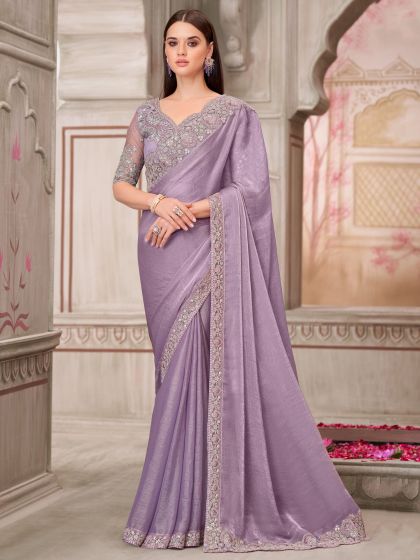 Lilac Party Wear Saree Floral Embroidered Borders