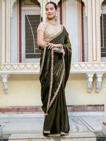 Olive Green Bridesmaid Saree With Embroidered Blouse