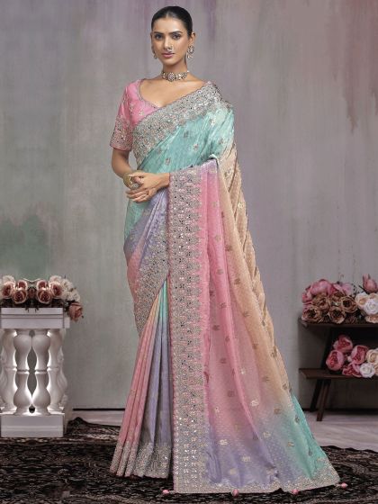 Multicolor Ombre Shaded Bridal Saree In Heavy Border