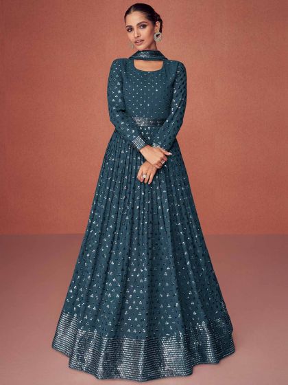 Blue Embroidered Anarkali Salwar Suit In Georgette