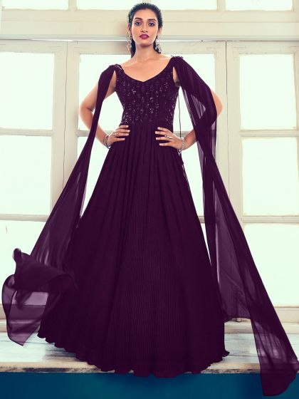 Purple Sequined Gown In Georgette