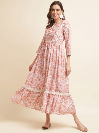 White Floral Printed Kurti In Linen