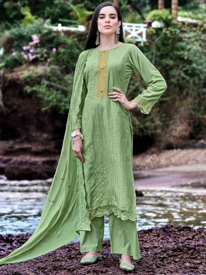 Green Chanderi Salwar Kameez With Dupatta