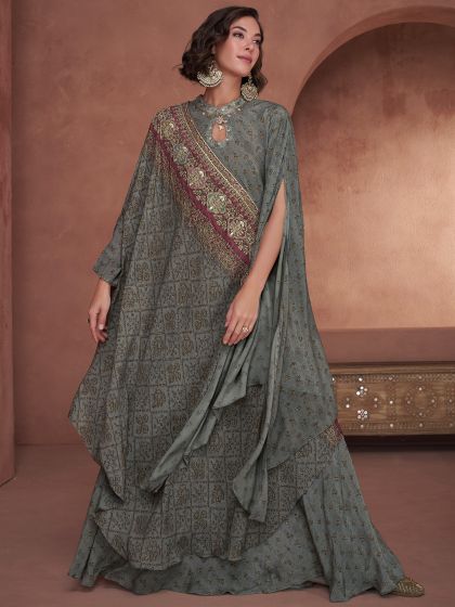 Grey Printed Kaftan Style Kurta Set In Georgette