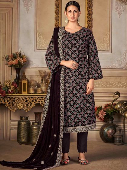 Brown Embroidered Salwar Kameez In Velvet