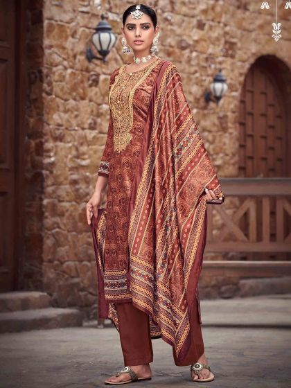 Brown Velvet Salwar Suit With Digital Prints
