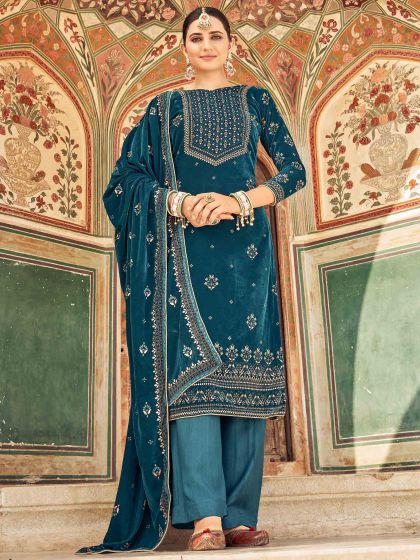 Blue Printed Velvet Salwar Suit With Dupatta