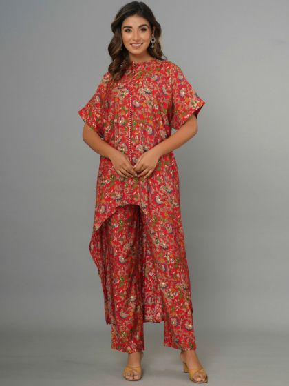 Red Floral Asymmetric Kurta Pant Set