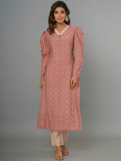 Peach Printed Kurta And Pant Set In Cotton