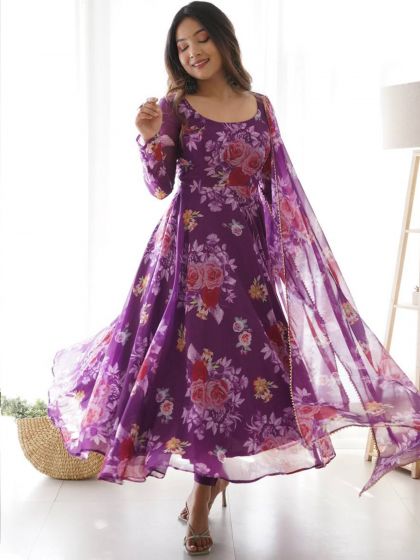 Purple Full Sleeved Anarkali Suit In Organza