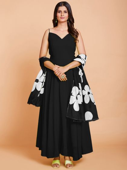 Black Georgette Western Gown With Floral Dupatta