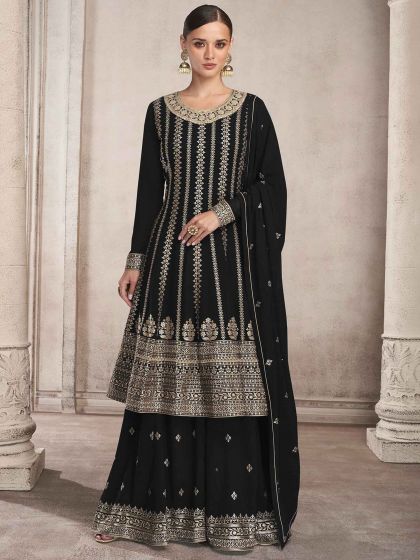 Black Embroidered Flared Salwar Suit In Georgette