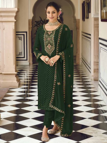 Green Thread Embroidered Pant Style Salwar Kameez
