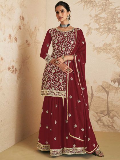 Maroon Thread Embroidered Sharara Salwar Kameez