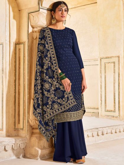 Blue Festive Palazzo Suit With Embroidered Dupatta