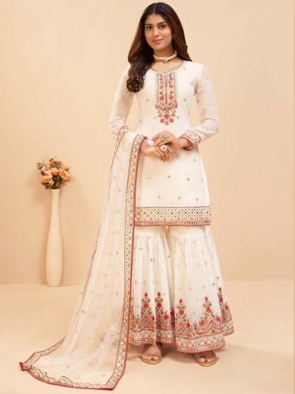 Off White Thread Embroidered Pakistani Suit