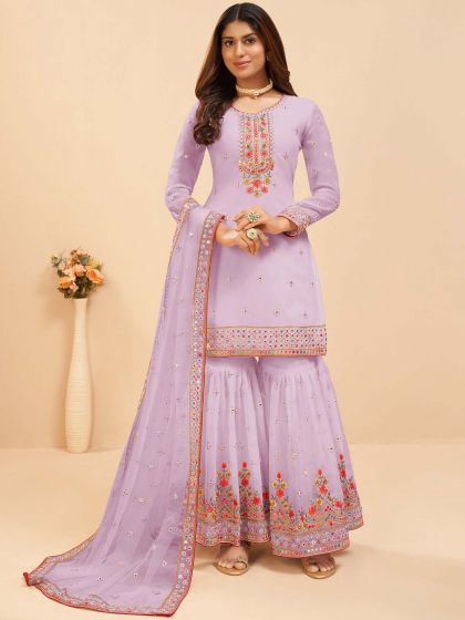 Purple Embroidered Sharara Style Suit In Georgette