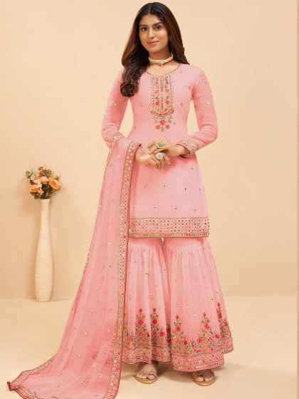 Peach Embroidered Sharara Suit With Dupatta
