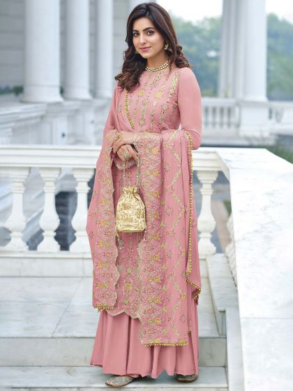 Pink Palazzo Suit With Thread Work