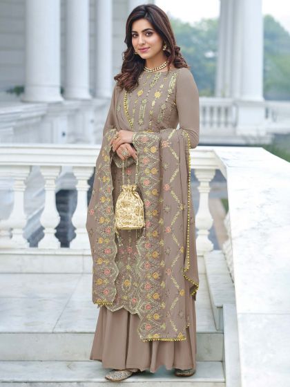 Brown Embroidered Palazzo Style Salwar Kameez