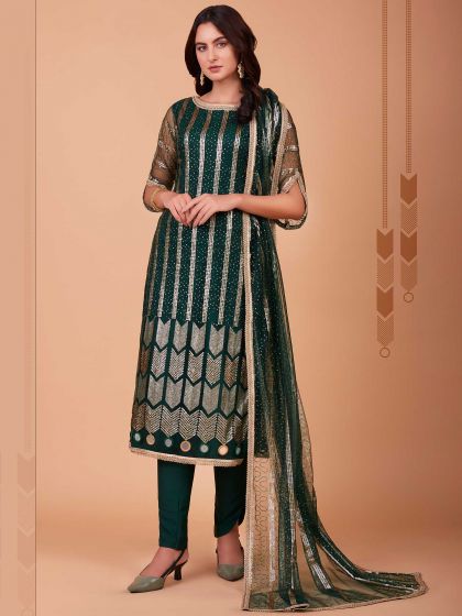 Green Sequined Salwar Kameez With Net Dupatta