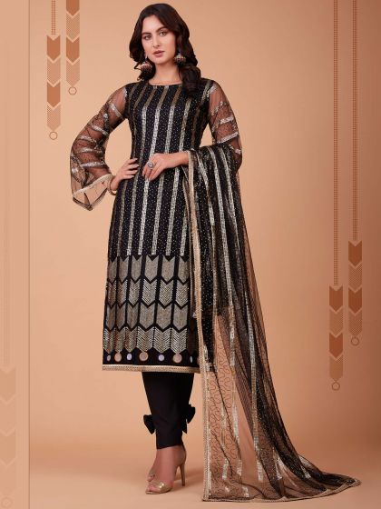 Black Sequined Salwar Kameez With Net Dupatta