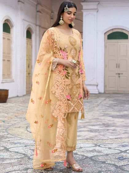 Yellow Pant Salwar Kameez With Thread Work