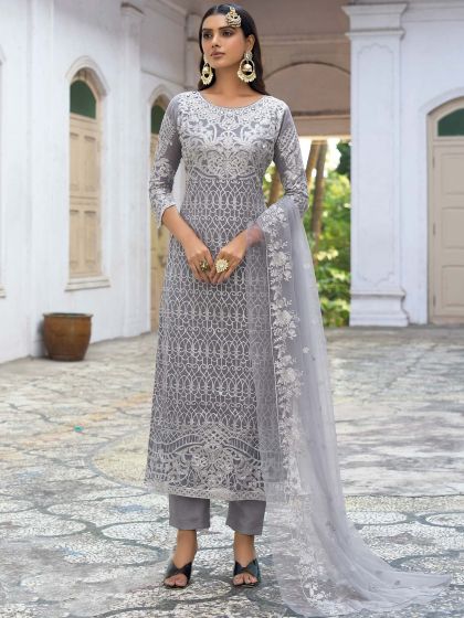 Grey Sequined Pant Style Salwar Kameez