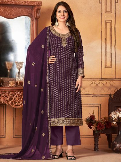 Purple Thread Embroidered Suit In Georgette
