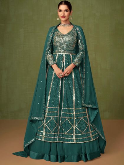 Green Embroidered Georgette Lehenga Choli With Dupatta