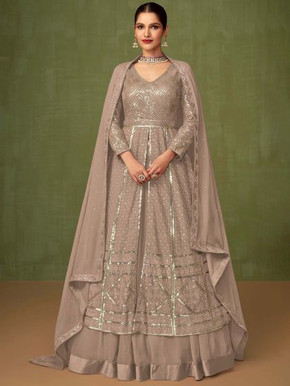 Beige Sequined Kurti Style Lehenga Choli In Georgette