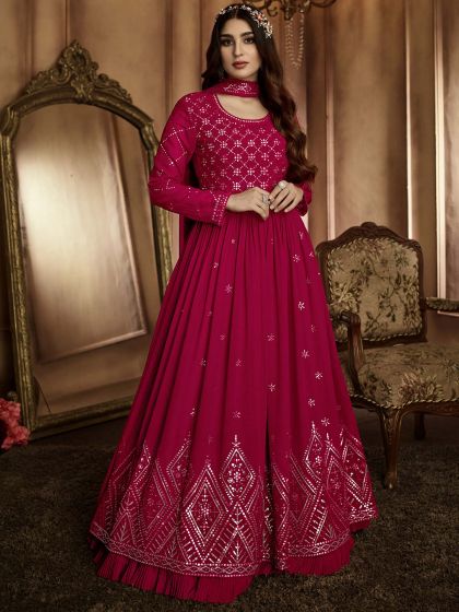 Pink Sequins Work Anarkali Suit In Georgette