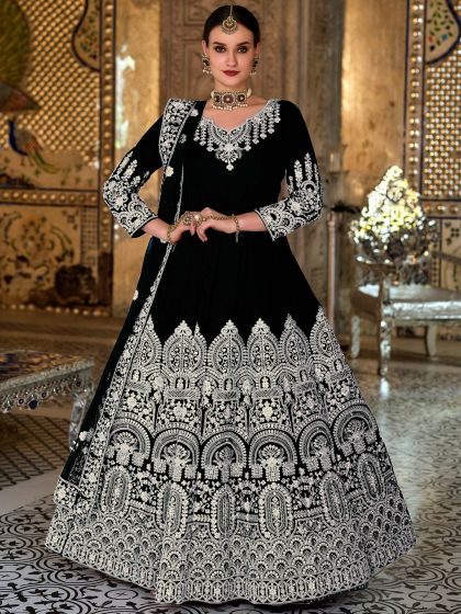 Black Anarkali Velvet Suit With Embroidery