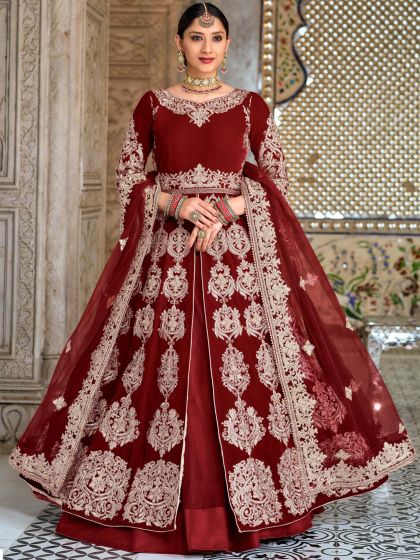 Maroon Zari Embroidered Anarkali Suit With Slit