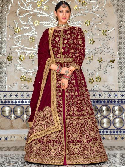 Maroon Thread Embroidered Slitted Suit With Dupatta