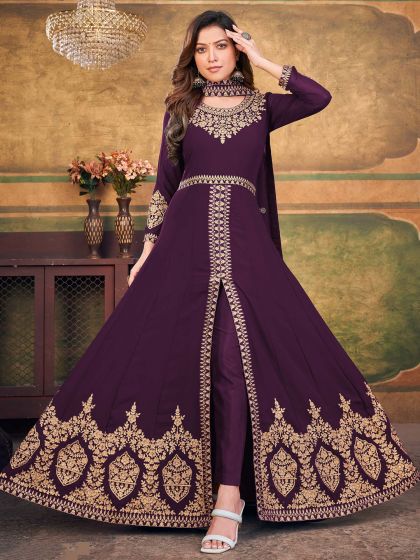 Purple Thread Embroidered Slit Style Anarkali Suit