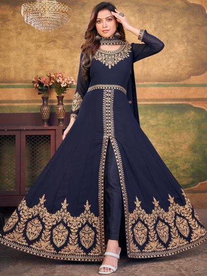 Blue Embroidered Slitted Salwar Suit With Dupatta