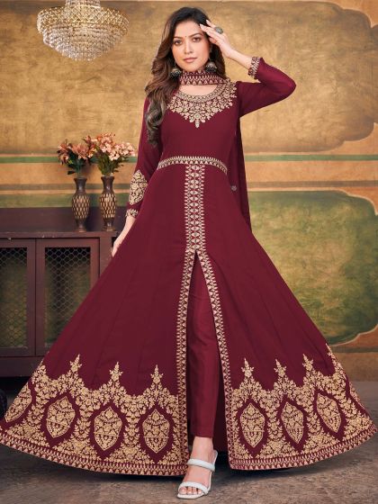 Maroon Embroidered Slitted Salwar Kameez In Georgette