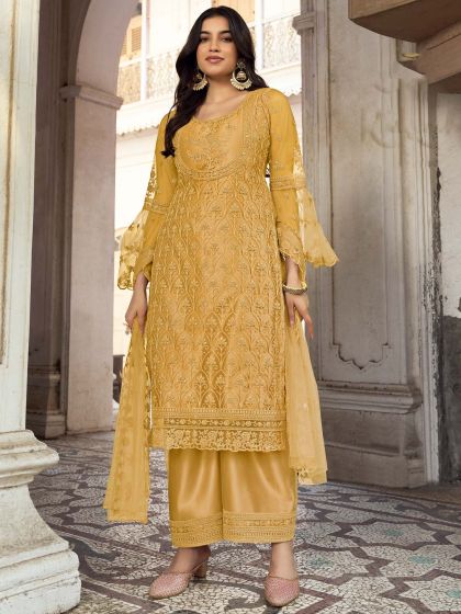 Yellow Straight Cut Net Suit With Embroidery