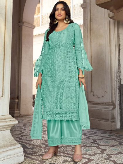 Turquoise Net Palazzo Style Salwar Kameez