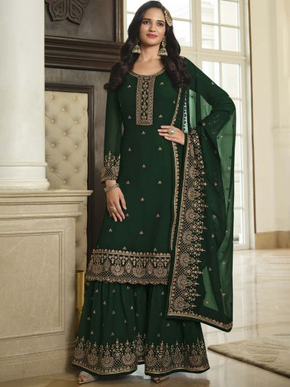 Green Embroidered Pakistani Sharara Salwar Kameez