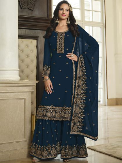 Blue Embroidered Pakistani Salwar Kameez With Dupatta