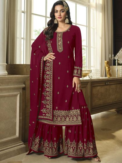 Magenta Embroidered Pakistani Sharara Salwar Kameez